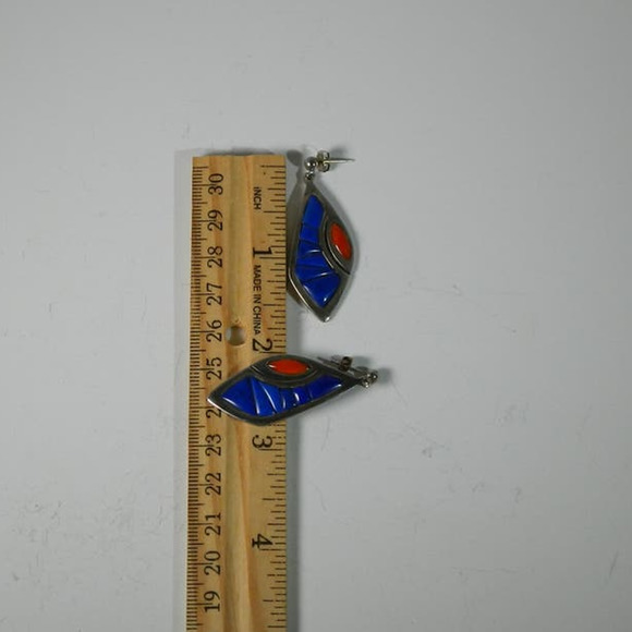 Sterling Silver and Lapis + Coral Inlay Earrings Signed "IVERSON"S" - Picture 10 of 10